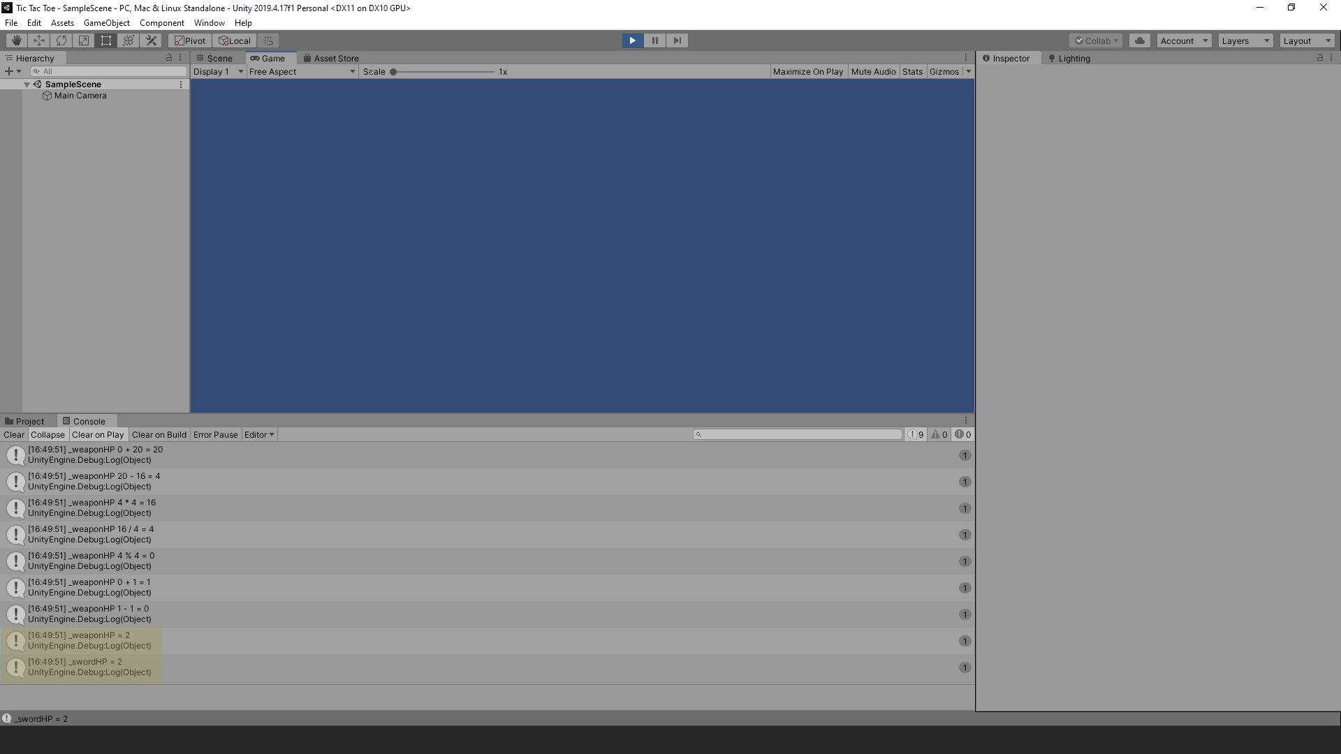 This Image shows problems in output of unity console when dividing an int value with another int value and then storing the result in a variable of int data type and another variable of float data type.
