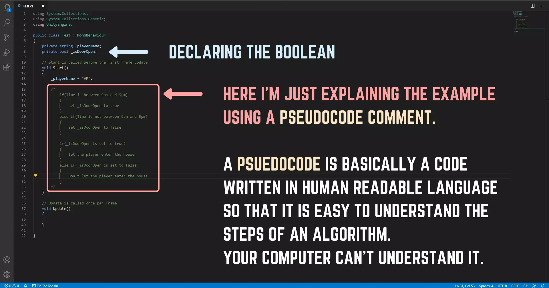 Declaring A Boolean & Explaining Booleans using Pseudocode - How To Make A Game