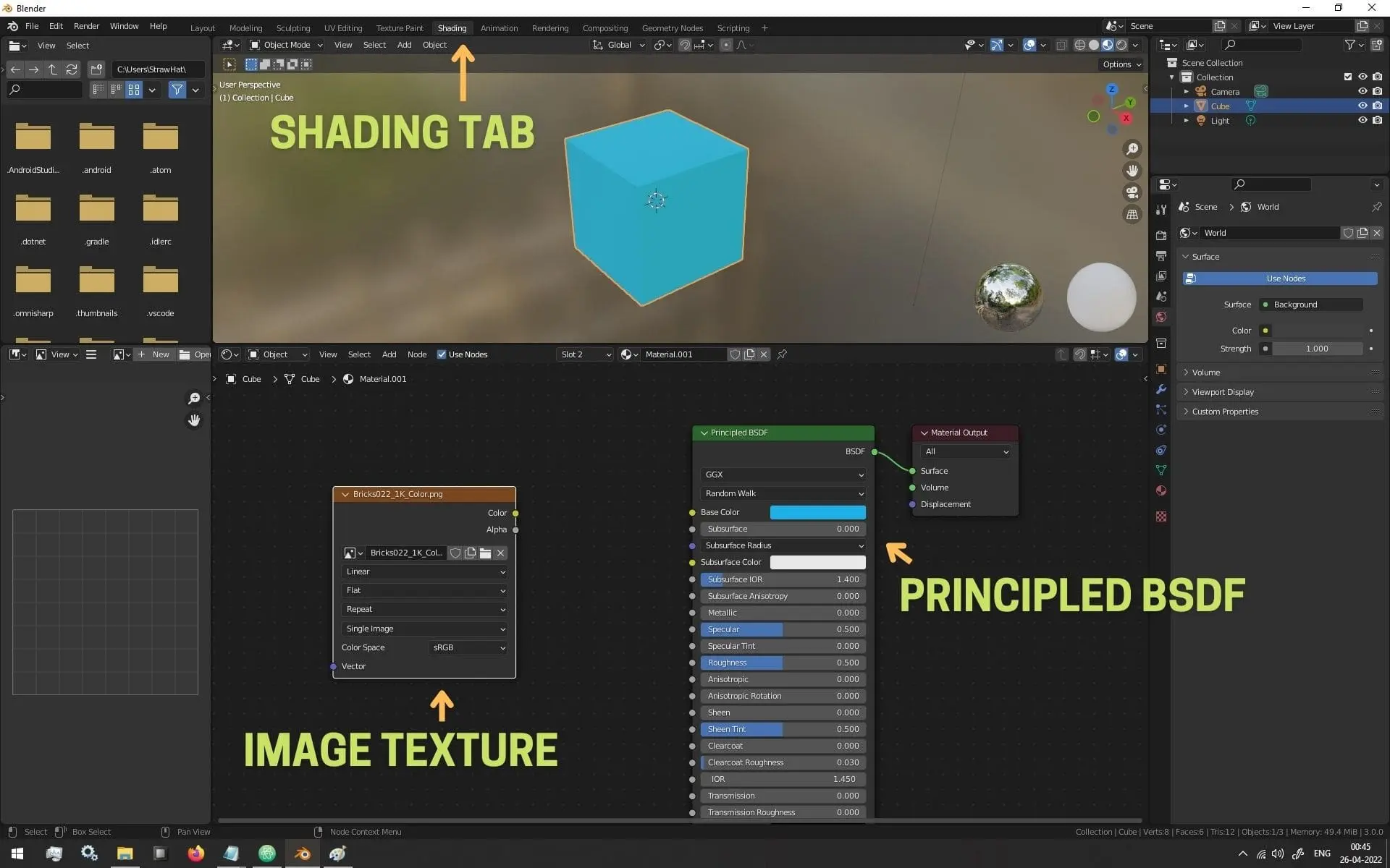 Image Showing disconnected Albedo Image Texture and Principled BSDF in The Shading Tab of Blender