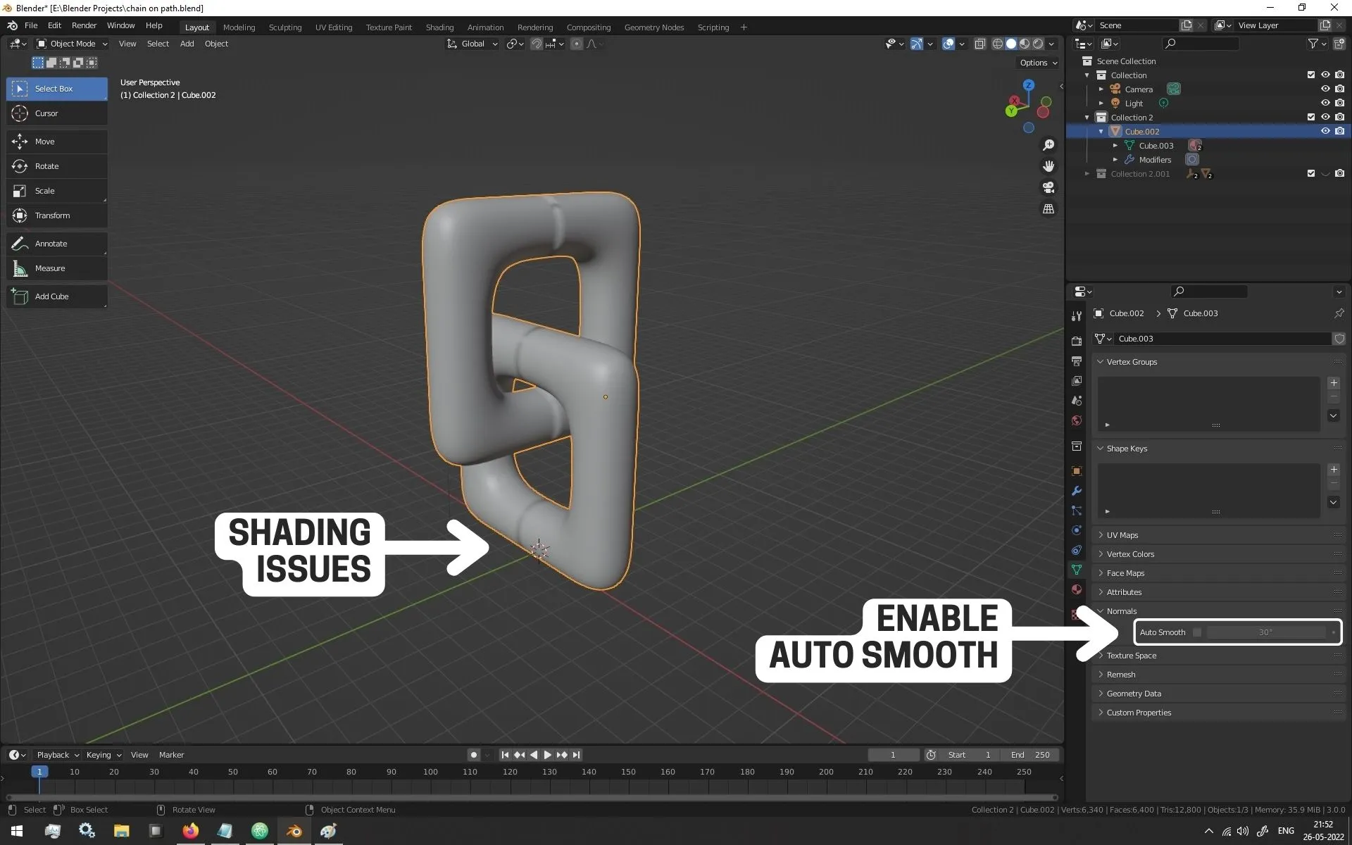 How to make a 3D Model or an Array of 3D Model Follow A Curve - Step 1 - Make the 3D Model - Shading Issues - Auto Smooth