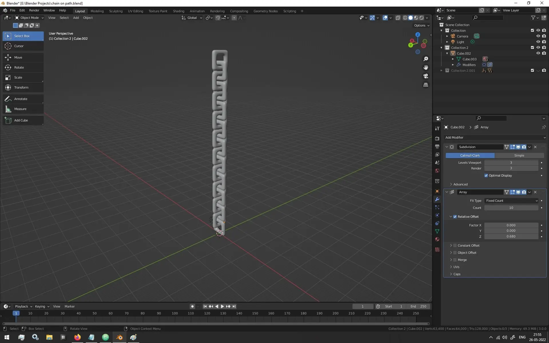 How to make a 3D Model or an Array of 3D Model Follow A Curve - Step 2 - Add Array Modifier