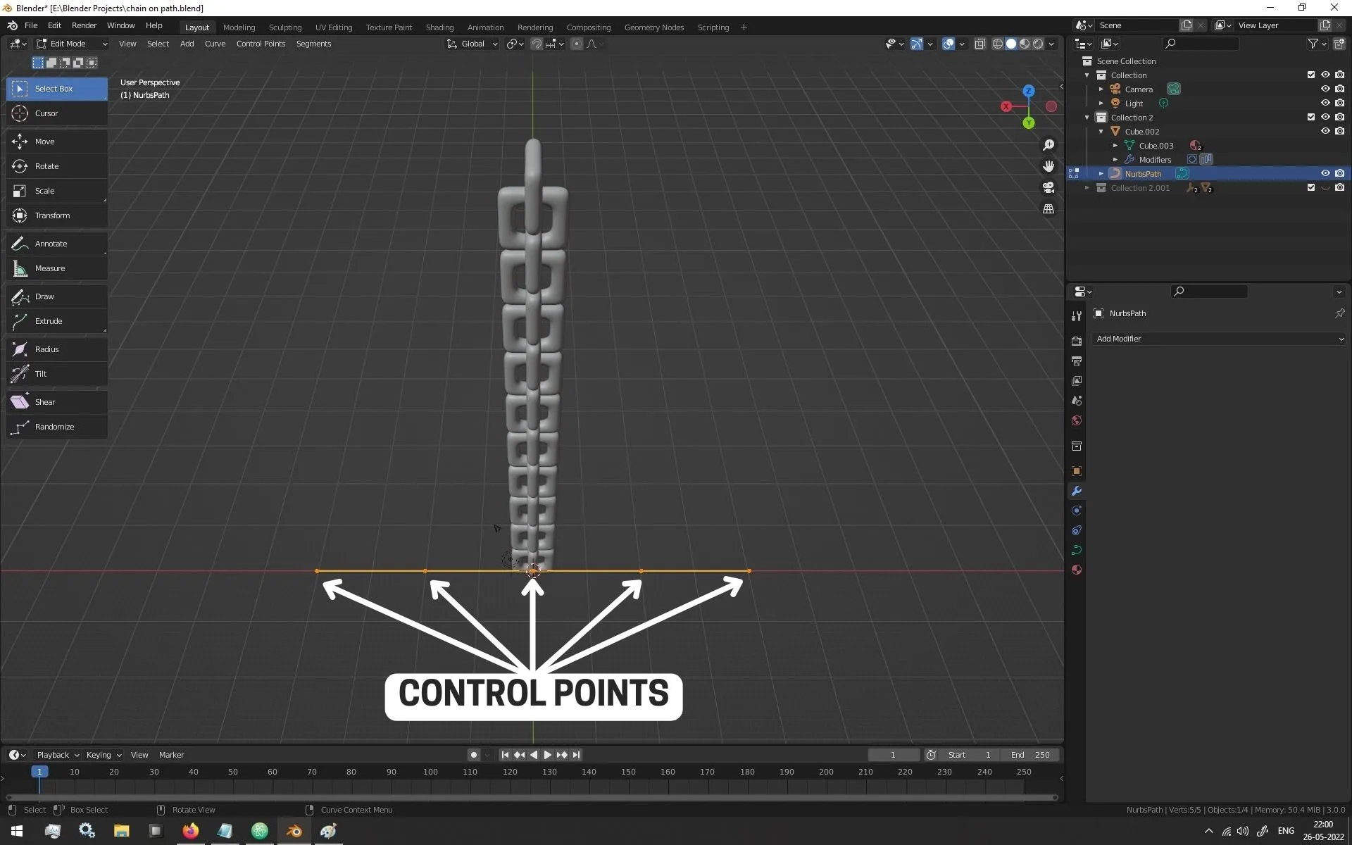 How to make a 3D Model or an Array of 3D Model Follow A Curve - Step 3 - Add Path Curve To The Scene - Path Curve Control Points