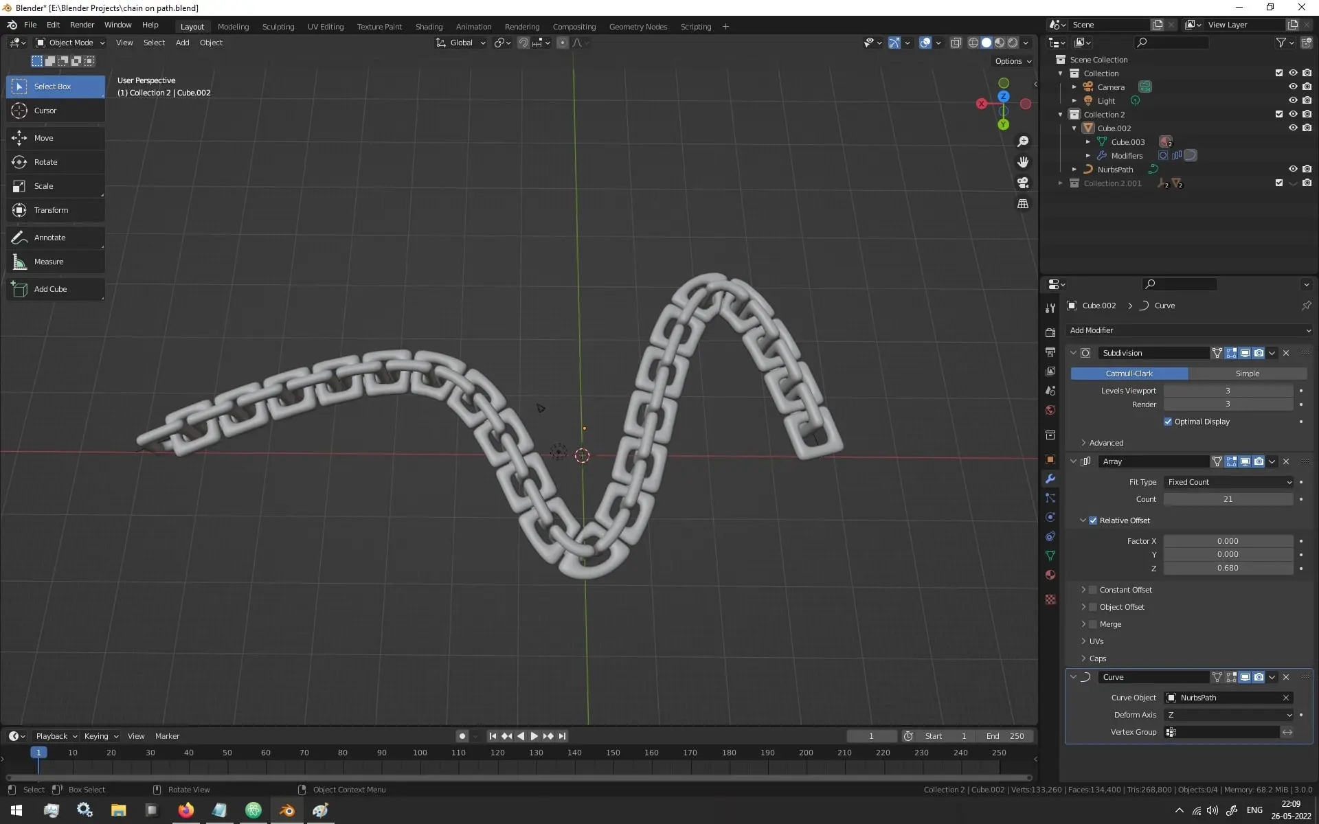 How to make a 3D Model or an Array of 3D Model Follow A Curve - Step 4 - Adding Curve Modifier to the 3D Model